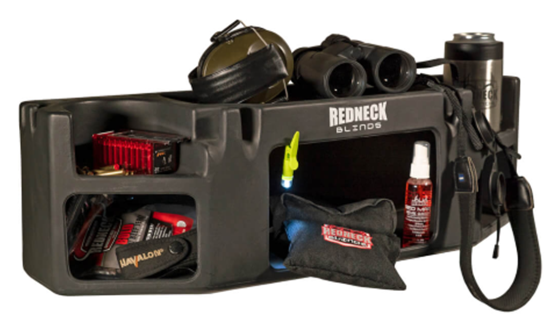 Redneck gear console mounted inside a blind, shown loaded with hunting gear.