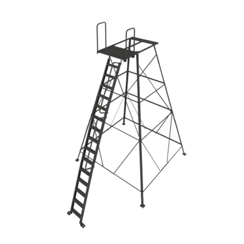 15 foot powder-coated steel tower stand with deluxe stair system and railed platform.