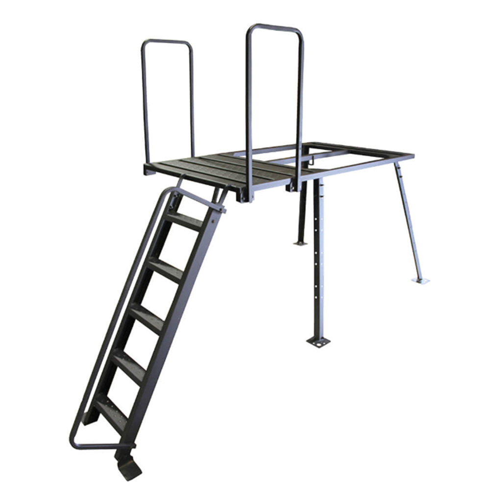 Trailer blind stand kit with railed platform, stair run and adjustable legs.