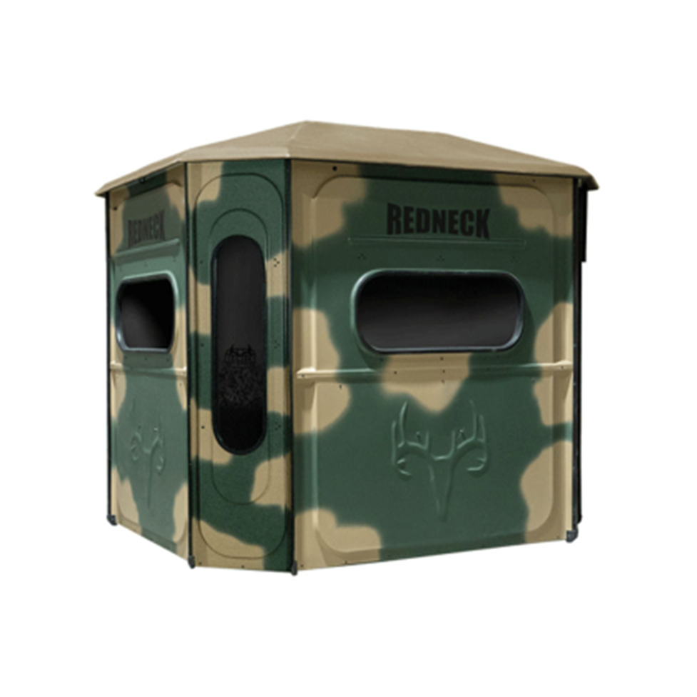 Redneck Platinum 360 fiberglass box blind in camo, three-quarter view.