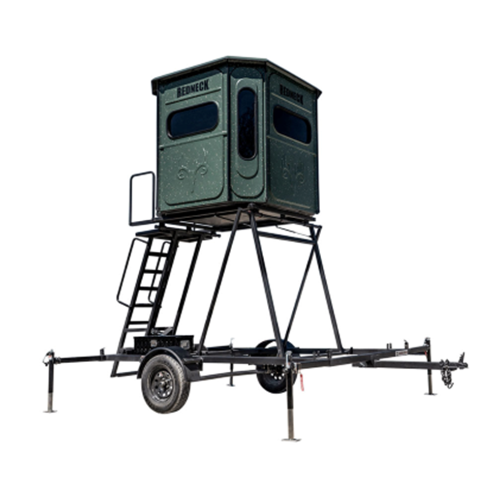 Redneck box blind raised on the 8 foot electric-over-hydraulic blind trailer.