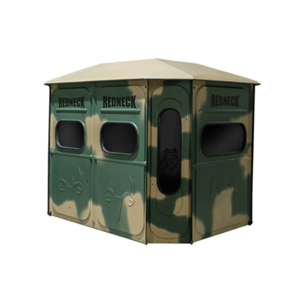 Redneck 6'x8' Game Changer Platinum 360 blind in camo, three-quarter view.