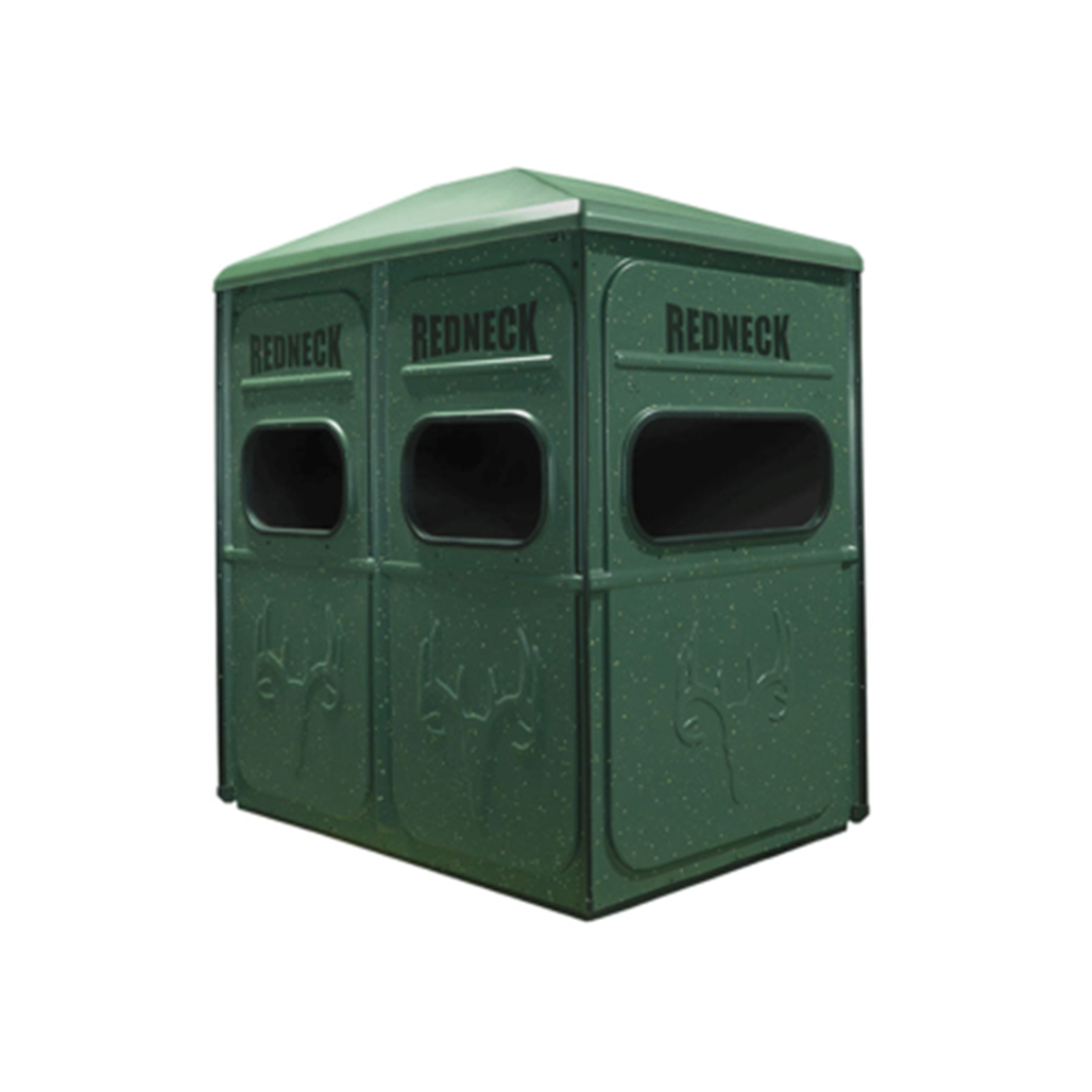 Redneck 4'x6' Twin Hunter blind in green, three-quarter view showing the three-window front.