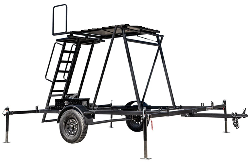 8 foot electric-over-hydraulic deer blind trailer with four outriggers deployed, shown without a blind.